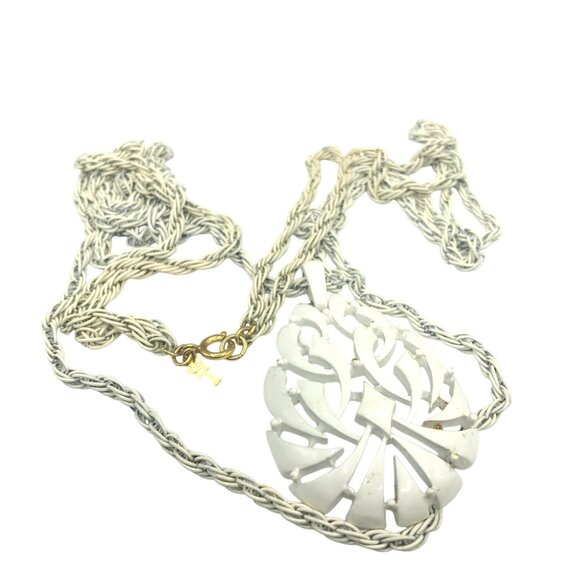 Crown Trifari Enamel Chain Necklace, Double Strand Vintage with White Mod - Picture 2 of 6